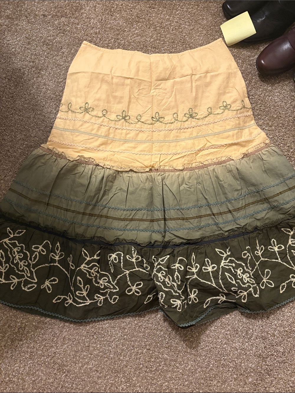 Apt. 9 Yellow, Olive and Dark Olive Tiered Embroidered Maxi Skirt